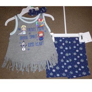 Toddler Girls FROZEN Fringed Tank Top Shorts & Scrunchie Set Size 2T 5T NWT